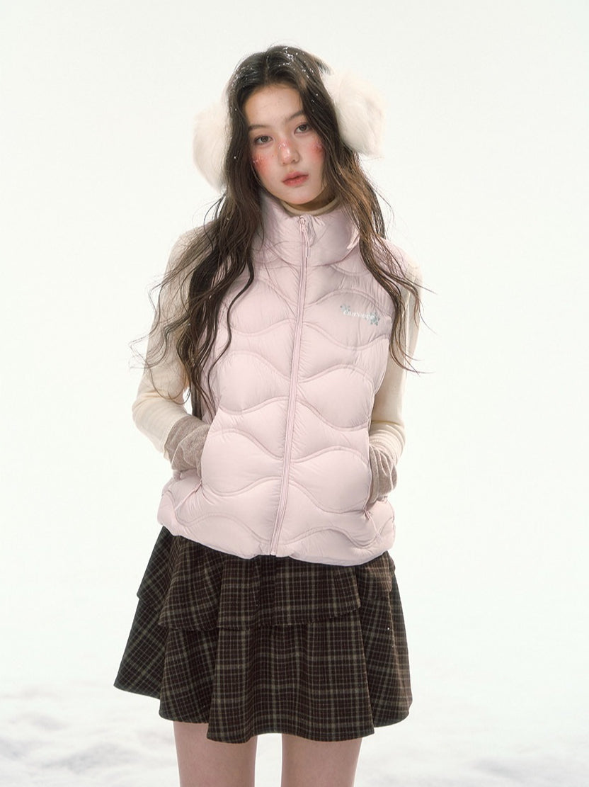 CANSTORE - "Cotton Plum" Pink Drawstring Down Puffer Vest with Snowflake Print