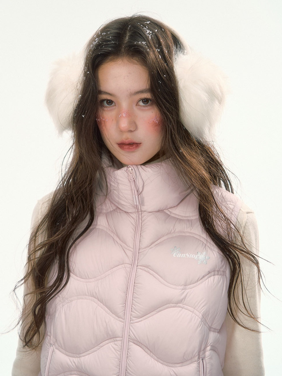CANSTORE - "Cotton Plum" Pink Drawstring Down Puffer Vest with Snowflake Print