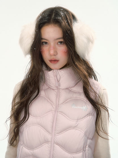CANSTORE - "Cotton Plum" Pink Drawstring Down Puffer Vest with Snowflake Print