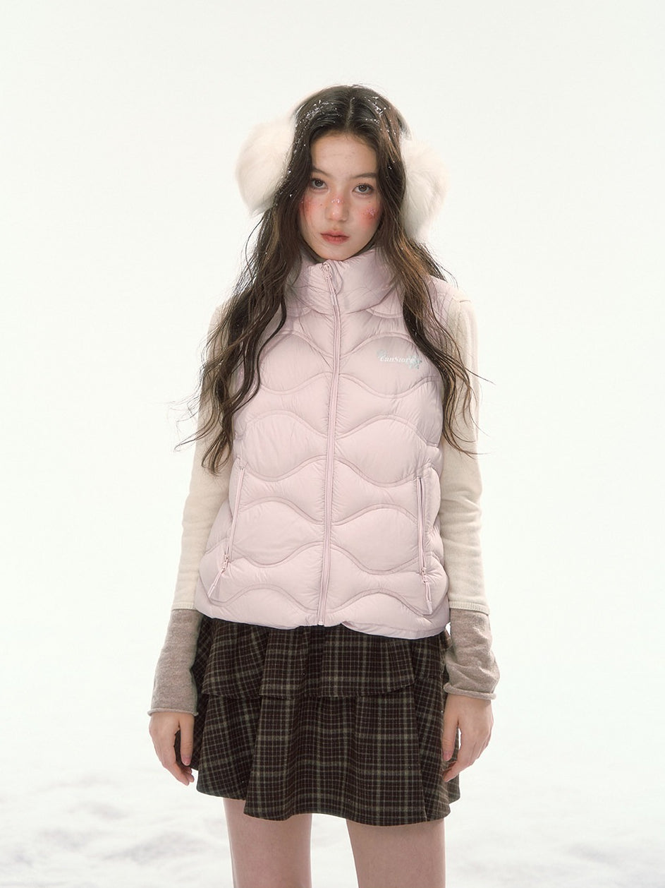 CANSTORE - "Cotton Plum" Pink Drawstring Down Puffer Vest with Snowflake Print
