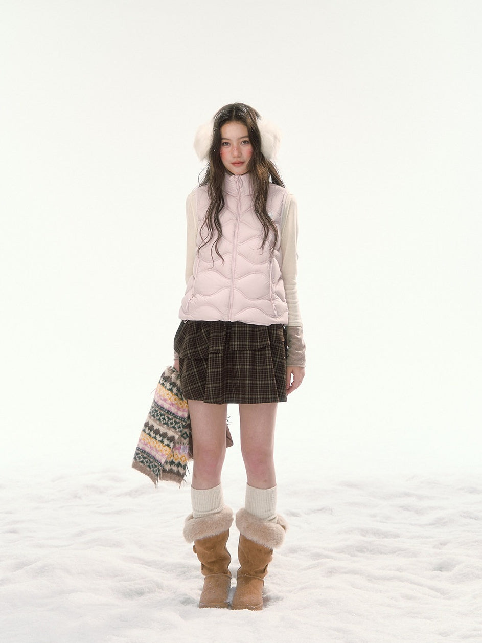 CANSTORE - "Cotton Plum" Pink Drawstring Down Puffer Vest with Snowflake Print