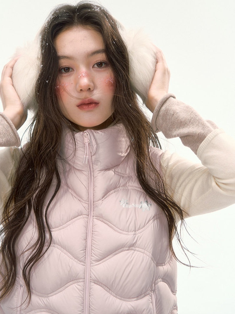 CANSTORE - "Cotton Plum" Pink Drawstring Down Puffer Vest with Snowflake Print