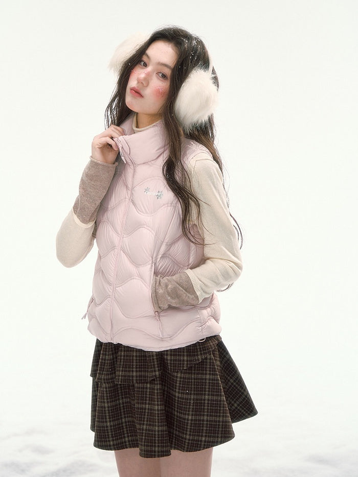 CANSTORE - "Cotton Plum" Pink Drawstring Down Puffer Vest with Snowflake Print