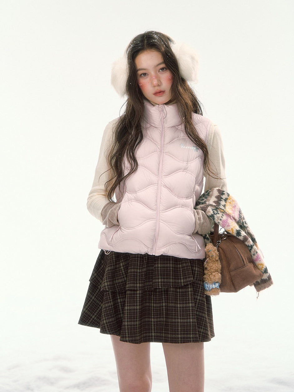 CANSTORE - "Cotton Plum" Pink Drawstring Down Puffer Vest with Snowflake Print