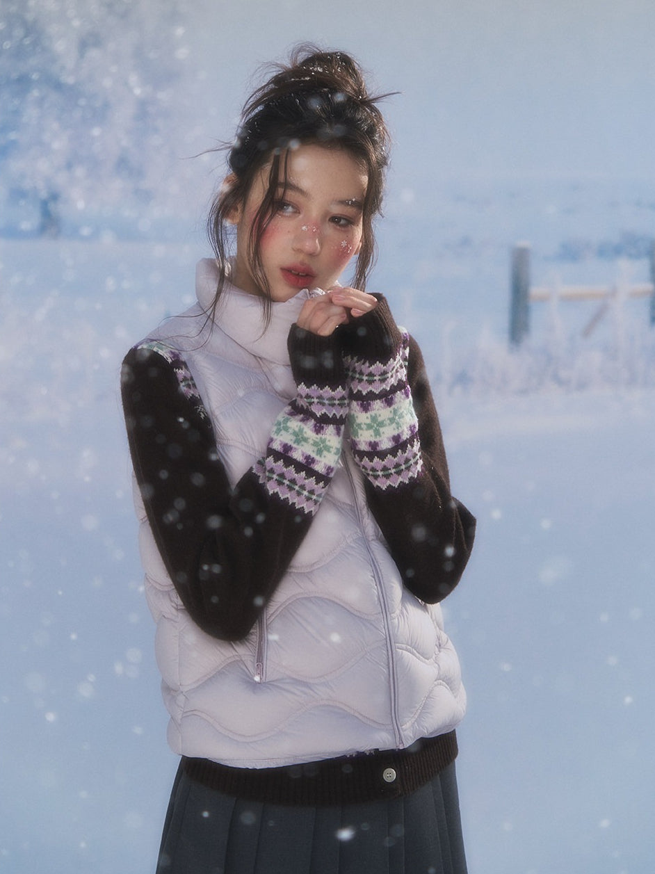 CANSTORE - "Cotton Plum" Lavender Drawstring Down Puffer Vest with Snowflake Print
