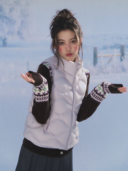 CANSTORE - "Cotton Plum" Lavender Drawstring Down Puffer Vest with Snowflake Print