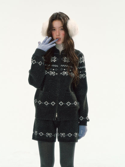CANSTORE - "Winterfield Starlight" Fair Isle Dark Gray Knit Cardigan and Shorts Set