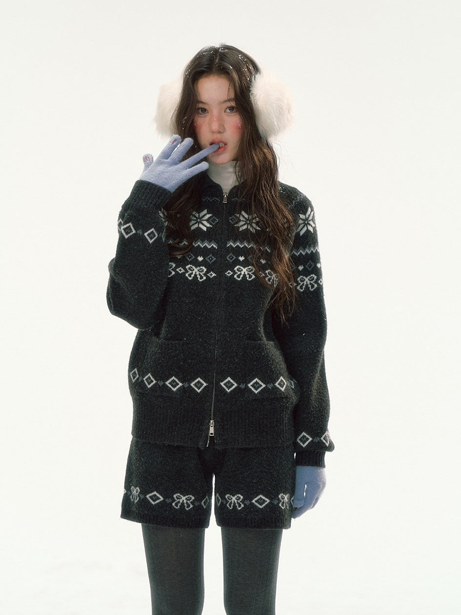 CANSTORE - "Winterfield Starlight" Fair Isle Dark Gray Knit Cardigan and Shorts Set