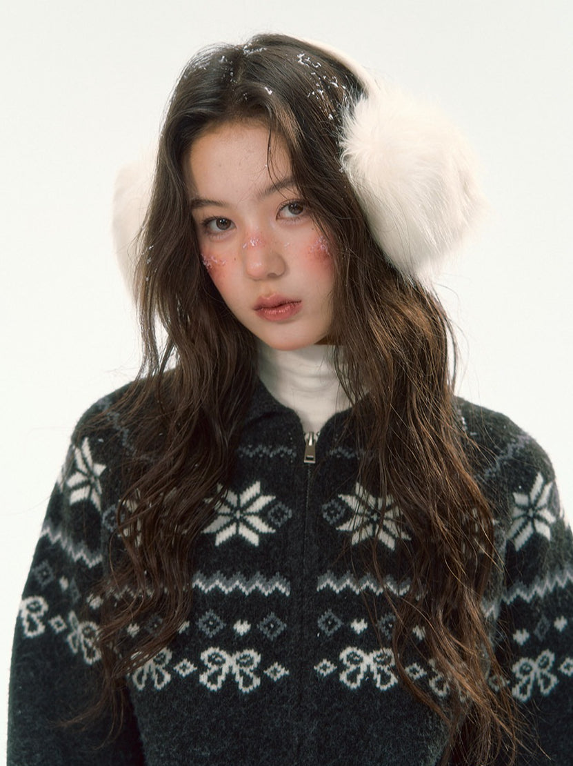 CANSTORE - "Winterfield Starlight" Fair Isle Dark Gray Knit Cardigan and Shorts Set