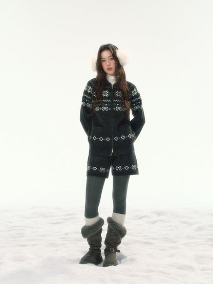 CANSTORE - "Winterfield Starlight" Fair Isle Dark Gray Knit Cardigan and Shorts Set