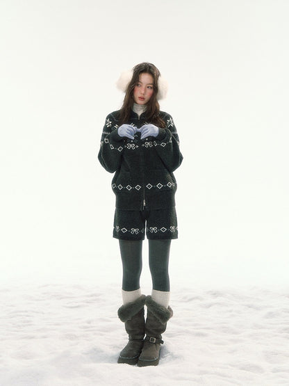 CANSTORE - "Winterfield Starlight" Fair Isle Dark Gray Knit Cardigan and Shorts Set