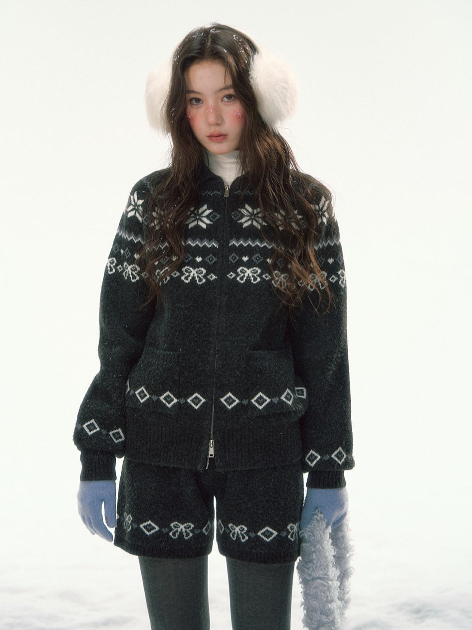 CANSTORE - "Winterfield Starlight" Fair Isle Dark Gray Knit Cardigan and Shorts Set