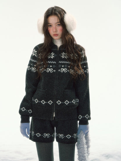 CANSTORE - "Winterfield Starlight" Fair Isle Dark Gray Knit Cardigan and Shorts Set