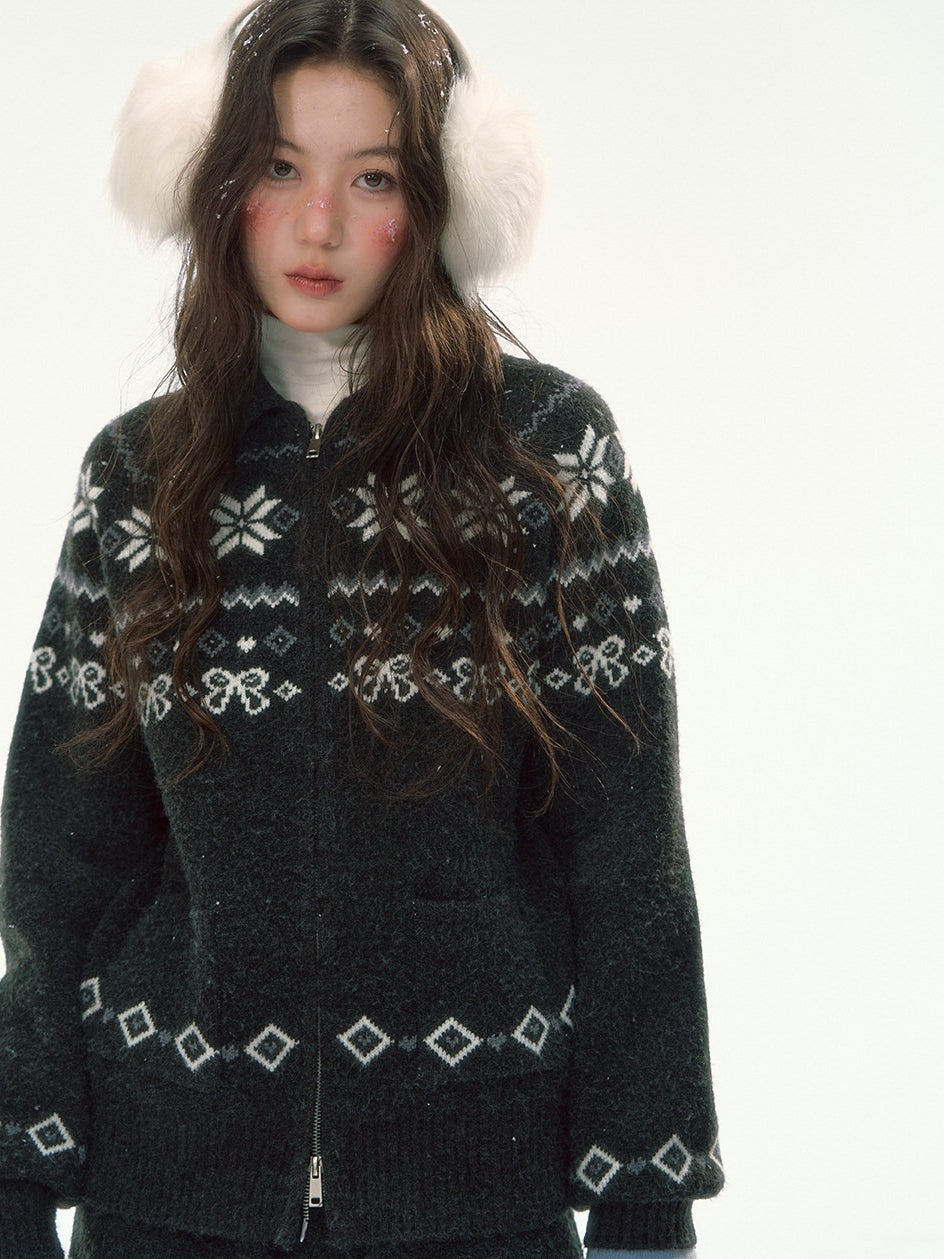 CANSTORE - "Winterfield Starlight" Fair Isle Dark Gray Knit Cardigan and Shorts Set