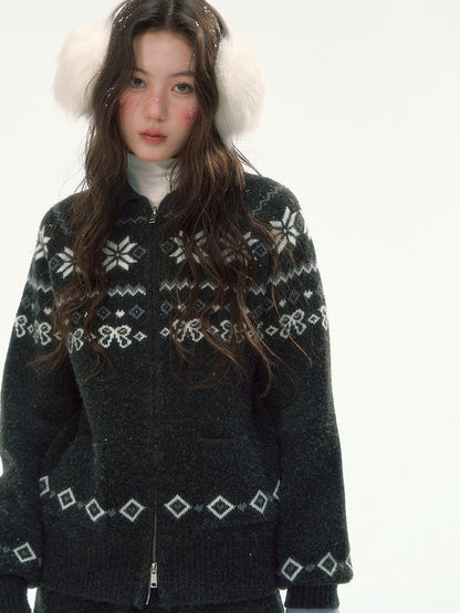 CANSTORE - "Winterfield Starlight" Fair Isle Dark Gray Knit Cardigan and Shorts Set
