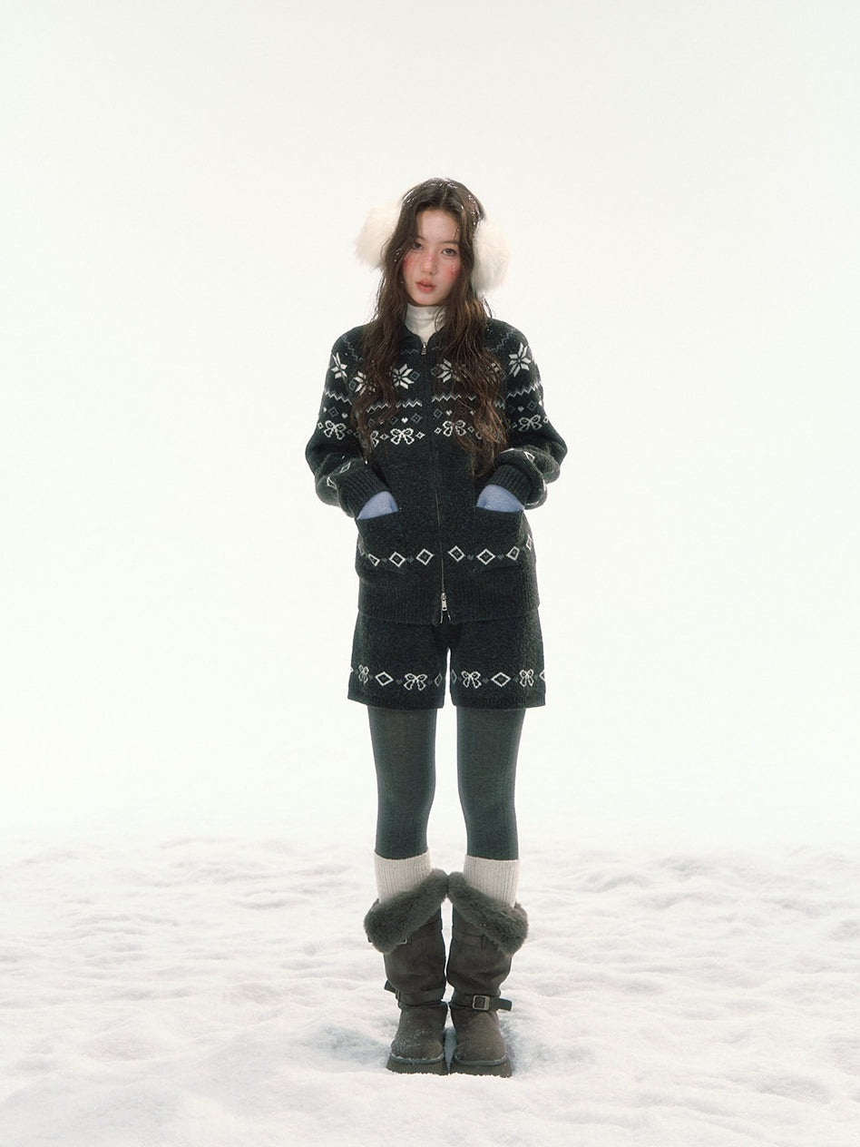 CANSTORE - "Winterfield Starlight" Fair Isle Dark Gray Knit Cardigan and Shorts Set