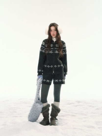 CANSTORE - "Winterfield Starlight" Fair Isle Dark Gray Knit Cardigan and Shorts Set