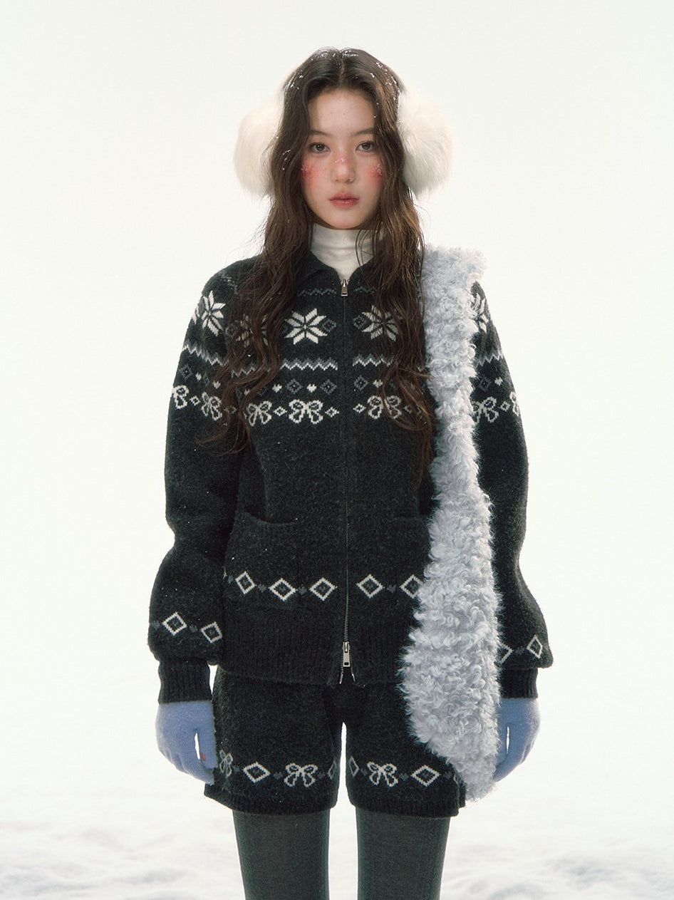 CANSTORE - "Winterfield Starlight" Fair Isle Dark Gray Knit Cardigan and Shorts Set