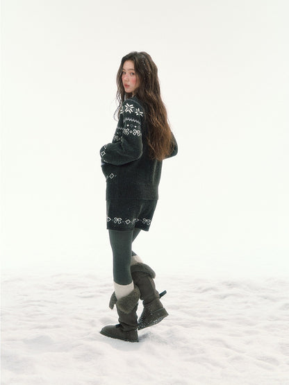CANSTORE - "Winterfield Starlight" Fair Isle Dark Gray Knit Cardigan and Shorts Set