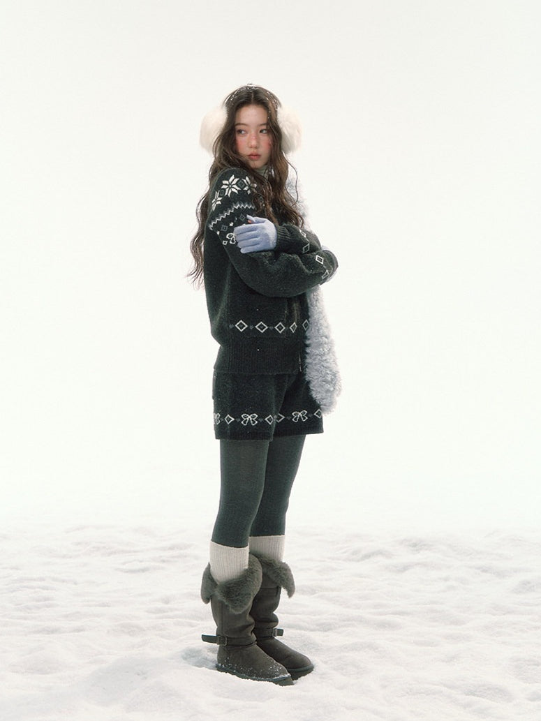 CANSTORE - "Winterfield Starlight" Fair Isle Dark Gray Knit Cardigan and Shorts Set