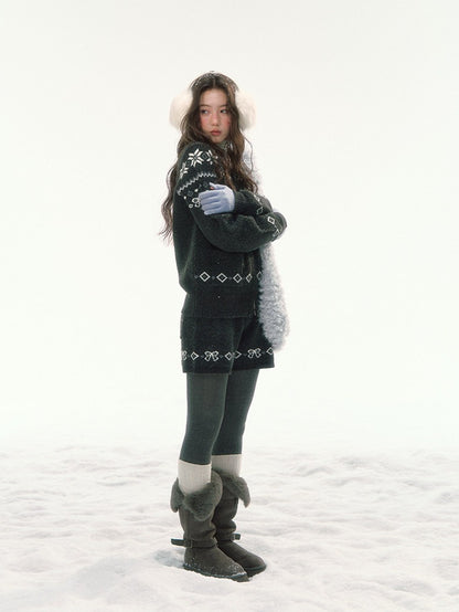 CANSTORE - "Winterfield Starlight" Fair Isle Dark Gray Knit Cardigan and Shorts Set