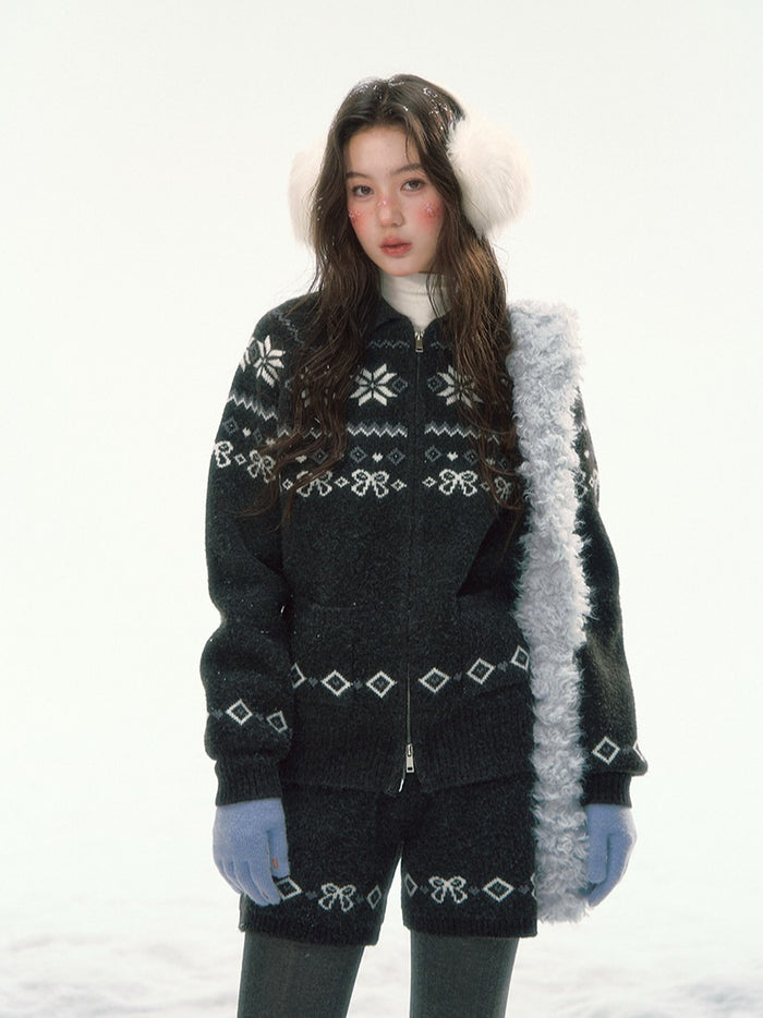 CANSTORE - "Winterfield Starlight" Fair Isle Dark Gray Knit Cardigan and Shorts Set