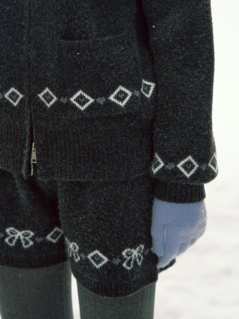 CANSTORE - "Winterfield Starlight" Fair Isle Dark Gray Knit Cardigan and Shorts Set