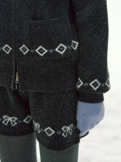 CANSTORE - "Winterfield Starlight" Fair Isle Dark Gray Knit Cardigan and Shorts Set