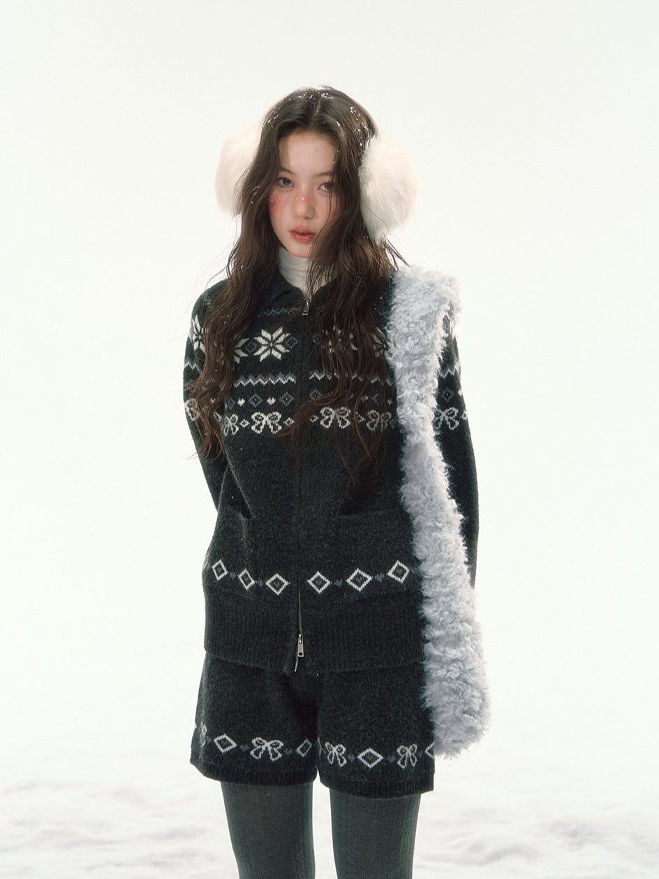 CANSTORE - "Winterfield Starlight" Fair Isle Dark Gray Knit Cardigan and Shorts Set
