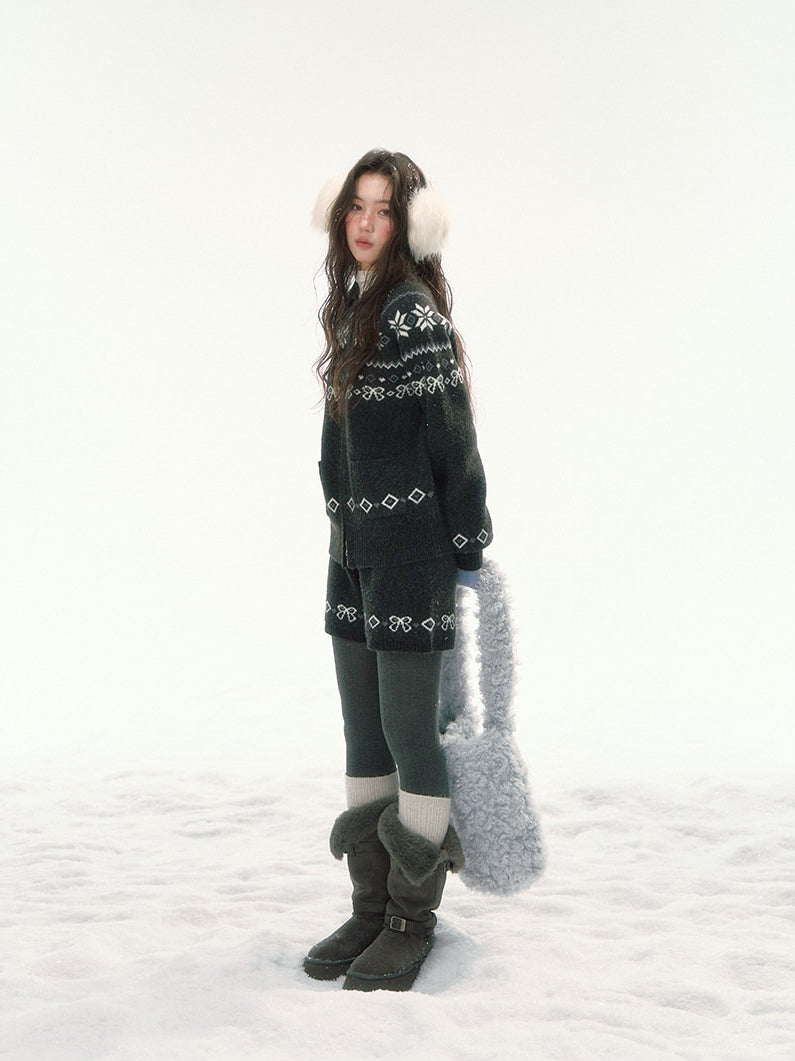 CANSTORE - "Winterfield Starlight" Fair Isle Dark Gray Knit Cardigan and Shorts Set