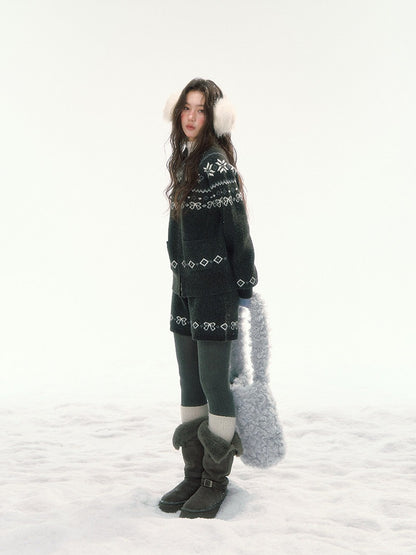 CANSTORE - "Winterfield Starlight" Fair Isle Dark Gray Knit Cardigan and Shorts Set