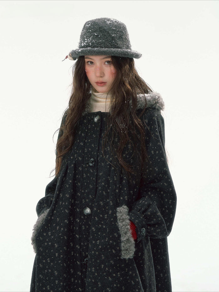 CANSTORE - "Floral Keepsake" Gray-Black Wool-Blend Hooded Cocoon Coat with Plush Collar