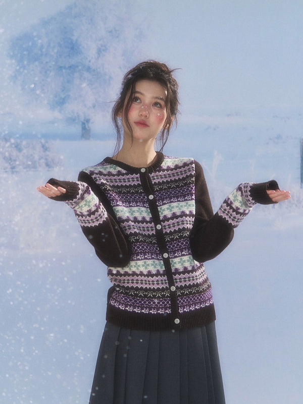 CANSTORE - "Coffee Grape" Fair Isle Brown Knit Cardigan