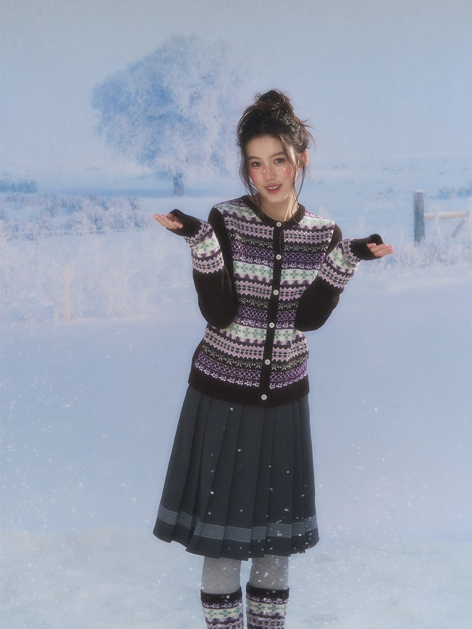 CANSTORE - "Coffee Grape" Fair Isle Brown Knit Cardigan