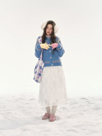 CANSTORE - "Blue Sky Echo" Fair Isle Bow Jacquard Knit Cardigan