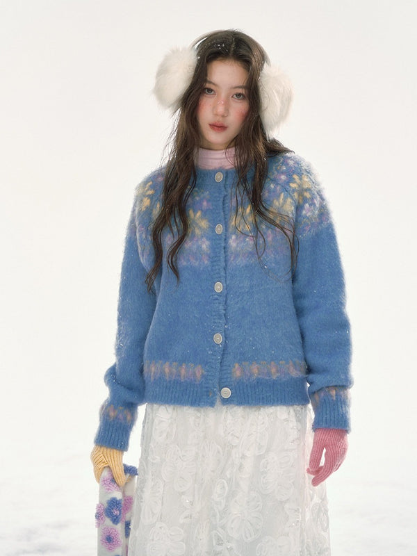 CANSTORE - "Blue Sky Echo" Fair Isle Bow Jacquard Knit Cardigan