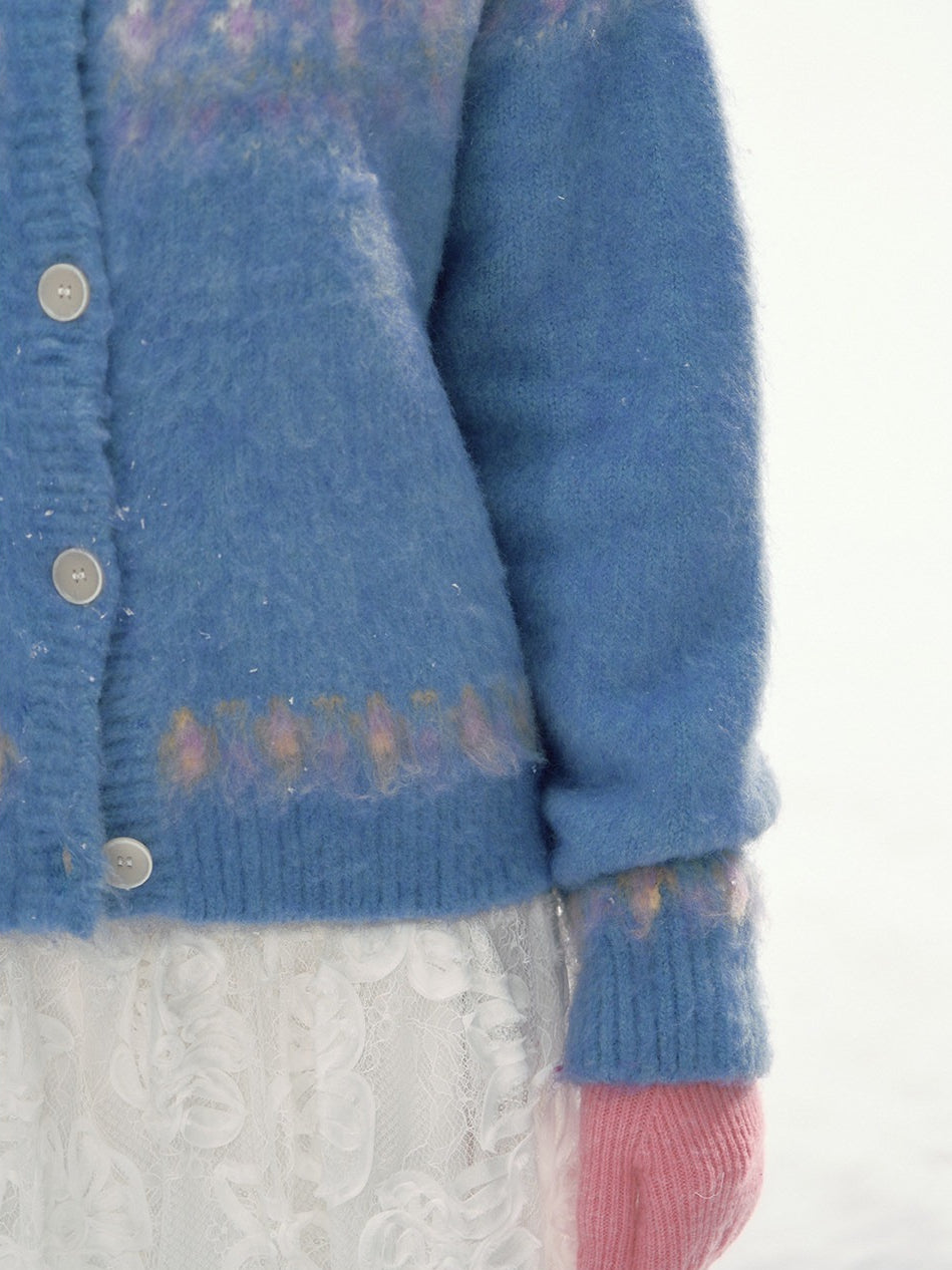 CANSTORE - "Blue Sky Echo" Fair Isle Bow Jacquard Knit Cardigan