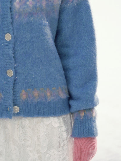 CANSTORE - "Blue Sky Echo" Fair Isle Bow Jacquard Knit Cardigan