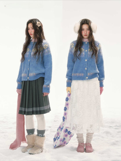 CANSTORE - "Blue Sky Echo" Fair Isle Bow Jacquard Knit Cardigan
