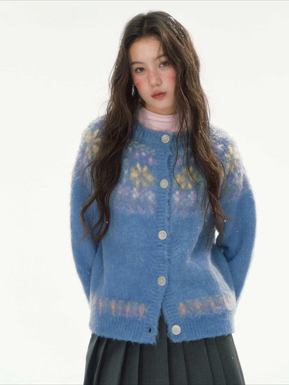 CANSTORE - "Blue Sky Echo" Fair Isle Bow Jacquard Knit Cardigan