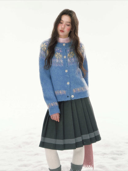 CANSTORE - "Blue Sky Echo" Fair Isle Bow Jacquard Knit Cardigan