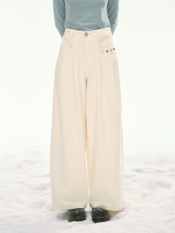CANSTORE - "Bean Paste & White Peach" Ivory Corduroy Wide-Leg Trousers