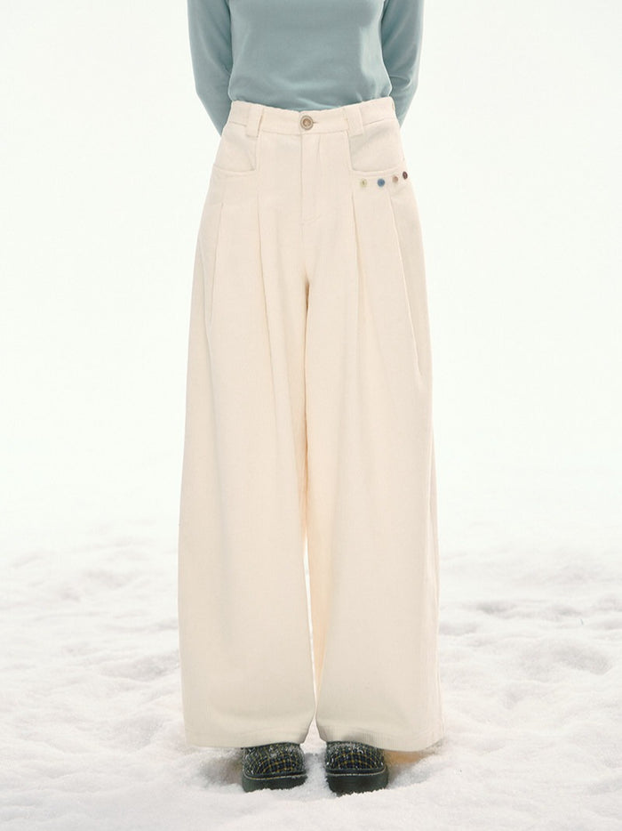 CANSTORE - "Bean Paste & White Peach" Ivory Corduroy Wide-Leg Trousers