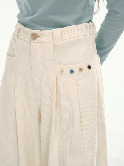 CANSTORE - "Bean Paste & White Peach" Ivory Corduroy Wide-Leg Trousers