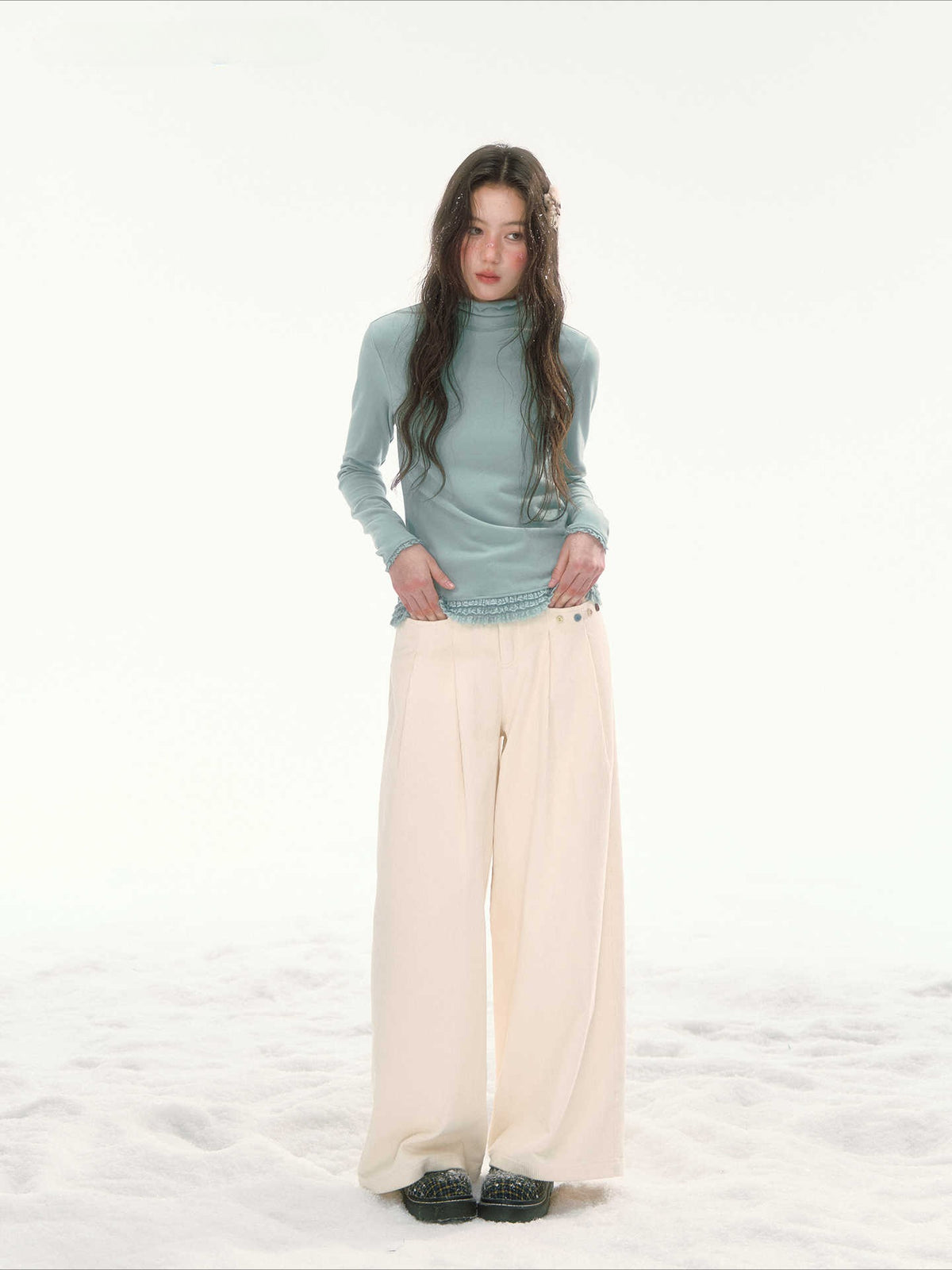 CANSTORE - "Bean Paste & White Peach" Ivory Corduroy Wide-Leg Trousers