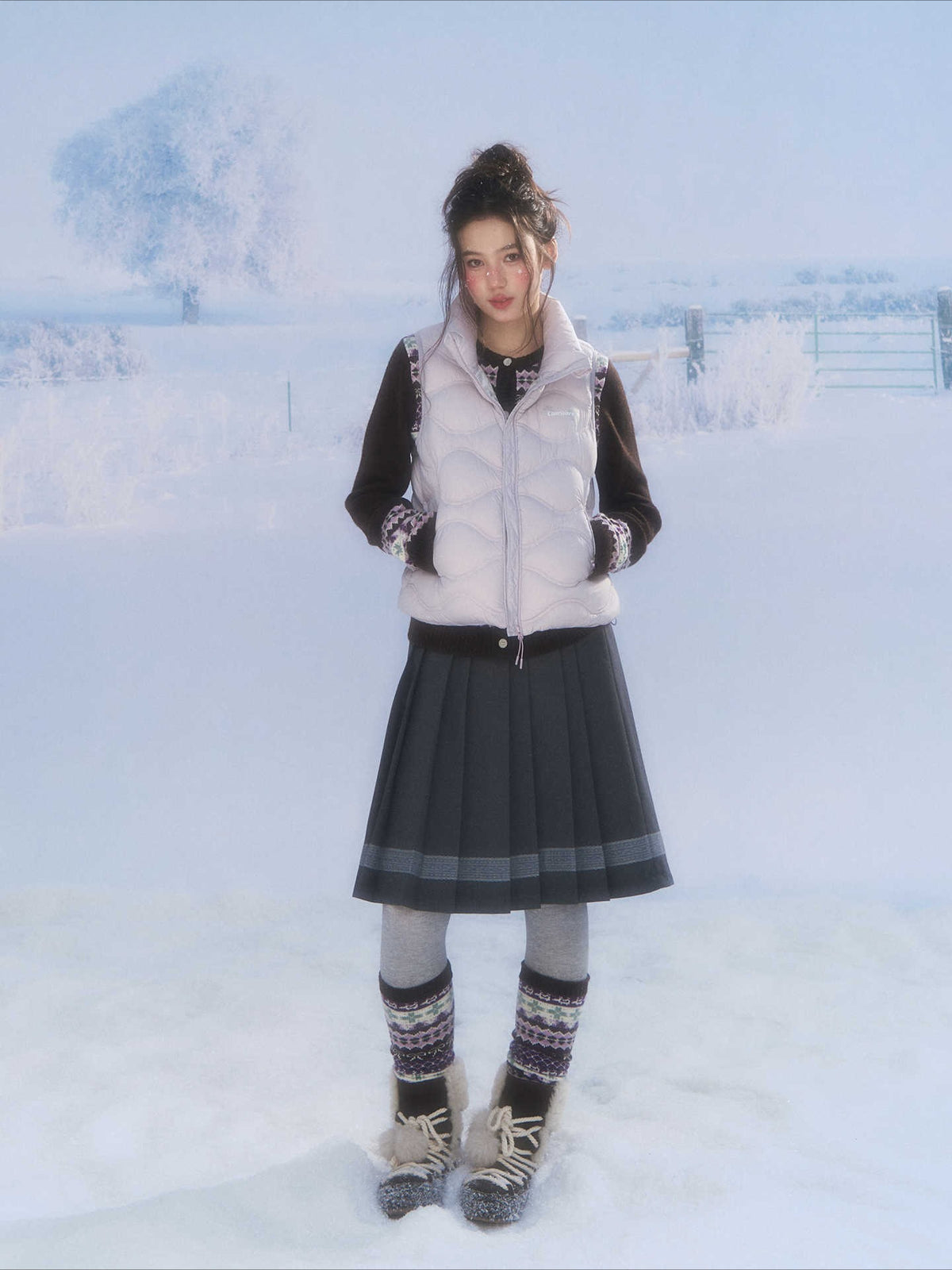CANSTORE - "Ink Floral Reverie" Dark Gray Pleated Mini Skirt with Lace Trim