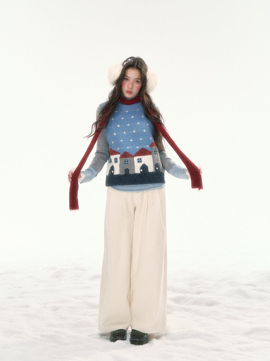 CANSTORE - "Prague Snow Day" Blue Polka Dot Jacquard Knit Vest with House Motifs