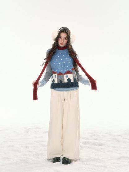 CANSTORE - "Prague Snow Day" Blue Polka Dot Jacquard Knit Vest with House Motifs