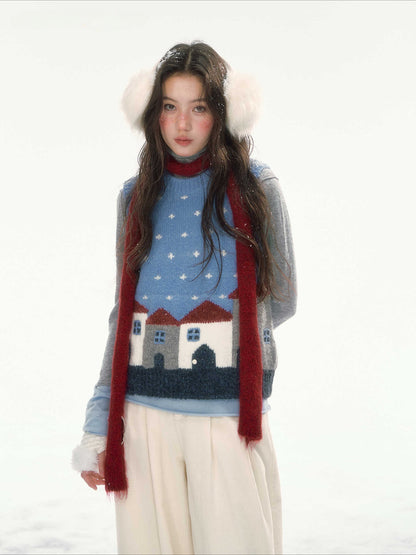 CANSTORE - "Prague Snow Day" Blue Polka Dot Jacquard Knit Vest with House Motifs