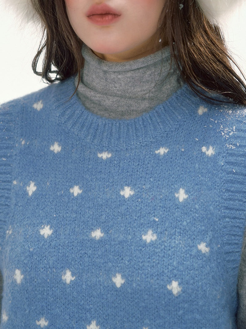 CANSTORE - "Prague Snow Day" Blue Polka Dot Jacquard Knit Vest with House Motifs